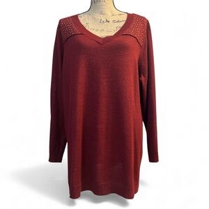 Catherines Women’s Metallic V-Neck Burgandy Sweater. Size 1X. EC